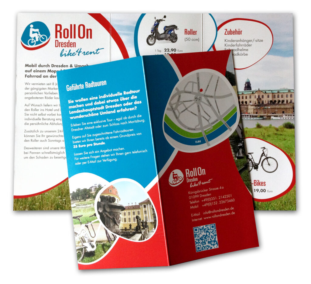 Flyer im neuen Design für Roll On Dresden – Fahrradverleih